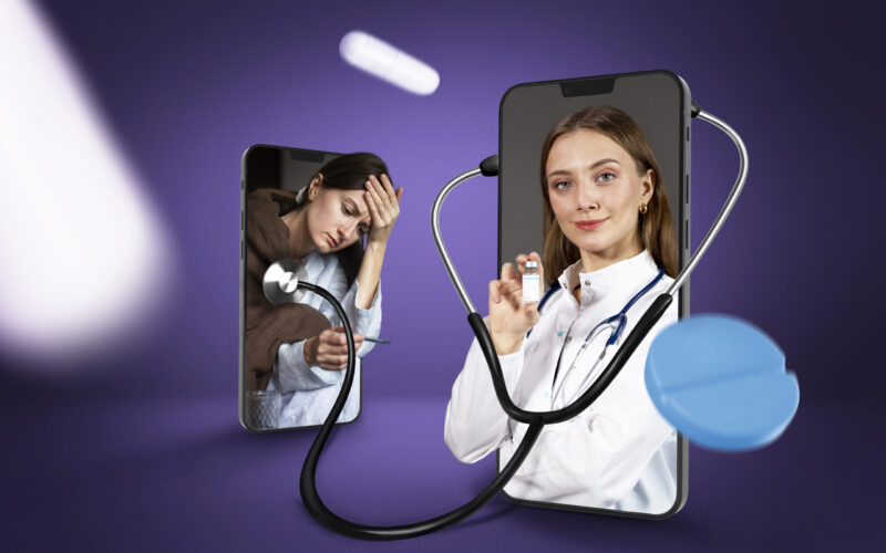urgent care telehealth app - Senior doctor looking frustrated at a powerful urgent care telehealth app displaying real-time patient vitals.