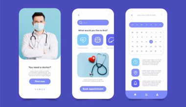 Telehealth app interface showing doctor consultation, appointment booking, and health service screens