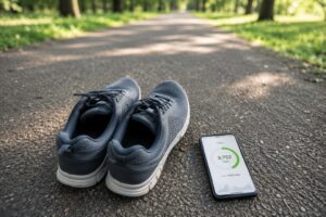 A pair of walking shoes and a phone showing a step-count app