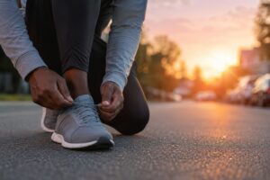 Weight loss tips: A person lacing up running shoes at sunrise