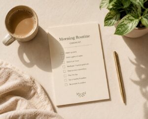 Simple morning routine checklist with coffee and a small plant
