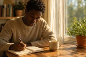 Mental Health Habits: Person journaling with a cup of tea by a sunlit window in the morning