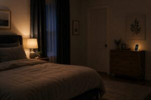 Dimly lit bedroom set up for sleep with phone charging away from the bed