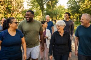 Healthy Living and Wellness:a diverse group of adults, different ages, body types, laughing during an outdoor walk in a city park