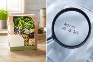 a salad kit next to a magnifying glass over a "Best By" date stamp
