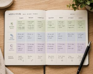 a simple weekly planner with color-coded blocks for meals, movement, and rest