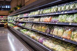Taylor Farms Recall: a stocked grocery produce aisle with bagged salad kits