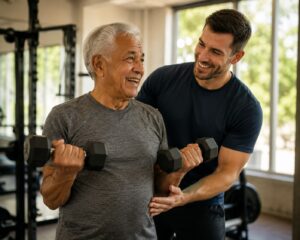 an older adult lifting light weights and practicing yoga alongside a younger training partner