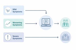 mild symptoms → telehealth; worsening symptoms → telehealth then labs; severe symptoms → ER