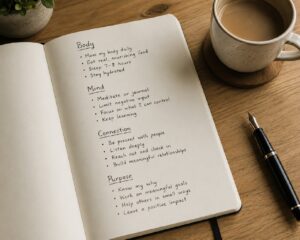 minimalist journal page with the words Body, Mind, Connection, Purpose