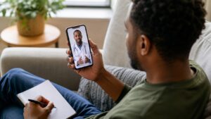 Telehealth Apps: A person using a telehealth app on a smartphone during a video consultation with a doctor, shown on screen