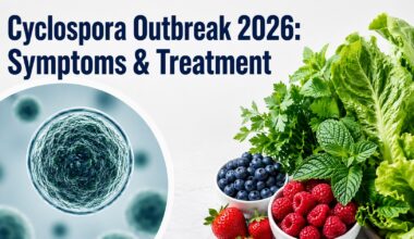 Featured image for "Cyclospora Outbreak 2026: Symptoms & Treatment" showing a magnified Cyclospora parasite next to fresh produce