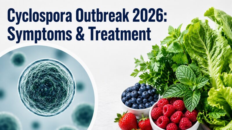 Featured image for "Cyclospora Outbreak 2026: Symptoms & Treatment" showing a magnified Cyclospora parasite next to fresh produce