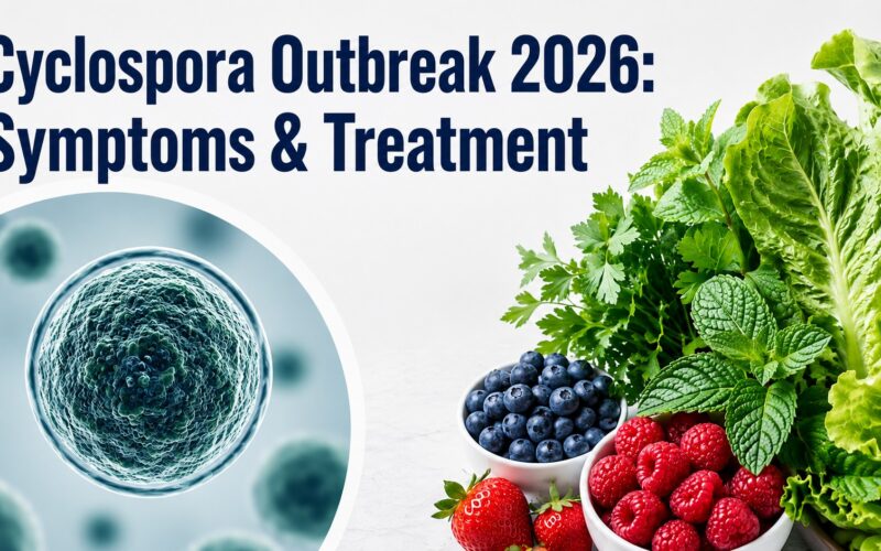 Featured image for "Cyclospora Outbreak 2026: Symptoms & Treatment" showing a magnified Cyclospora parasite next to fresh produce