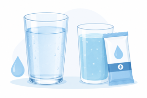 Illustration of a glass of water and oral rehydration solution, highlighting the importance of staying hydrated during Cyclospora recovery