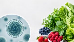 Illustration of a magnified Cyclospora parasite next to fresh produce, representing foodborne parasite transmission