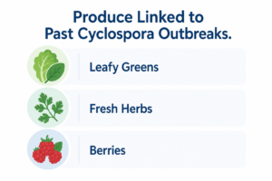 Infographic listing produce linked to past Cyclospora outbreaks: leafy greens, fresh herbs, and berries