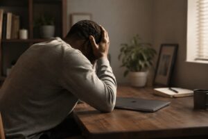 burnout recovery: Stressed Man at a Quiet Workspace