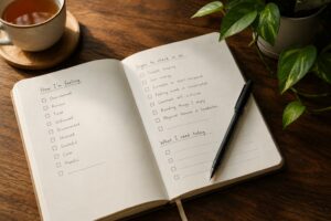 Warm Journaling Desk with Tea and Plant