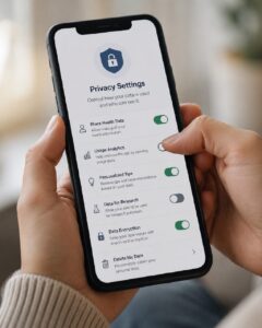 a hand scrolling through app privacy settings on a smartphone