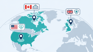 flag icons representing US, Canada, and UK healthcare systems