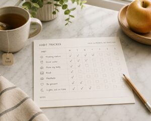 habit tracker on a kitchen counter, styled minimally