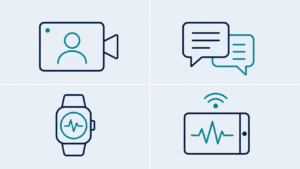 icons for video call, messaging, wearable device, and remote monitoring