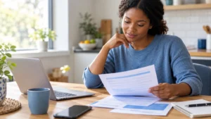 Health Insurance Mistakes: A person reviewing insurance paperwork and a laptop at a kitchen table, conveying "reviewing your coverage" rather than stress or crisis