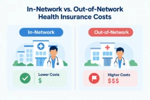 A simple visual showing "in-network" vs "out-of-network" billing, illustrating why the same visit can cost differently