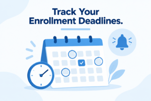 A calendar-style graphic with a clock and reminder bell, illustrating the idea of tracking enrollment and renewal deadlines
