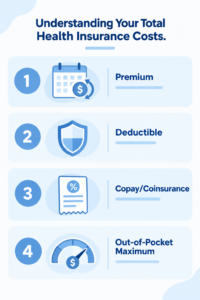 An infographic breaking down the four components of total health insurance cost premium, deductible, copay/coinsurance, and out-of-pocket maximum — to reinforce the table above