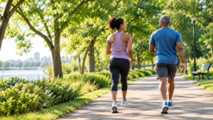 Two adults walking together on a tree-lined park path