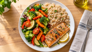 Balanced plate with vegetables, brown rice, and grilled salmon