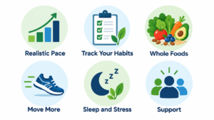Six weight loss strategies: realistic pace, tracking habits, whole foods, moving more, sleep and stress, and support