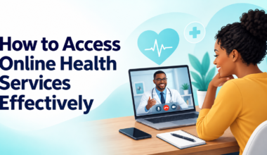 Illustration of a woman having a video visit with a doctor, with the title “How to Access Online Health Services Effectively