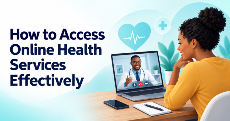 Illustration of a woman having a video visit with a doctor, with the title “How to Access Online Health Services Effectively