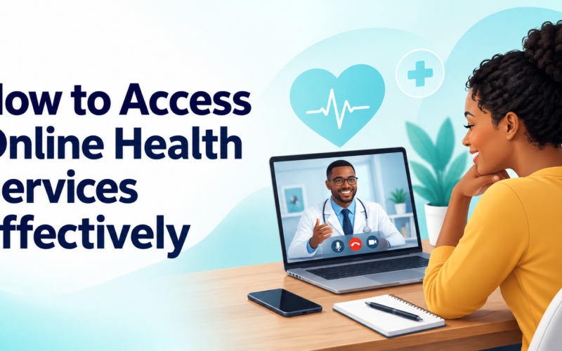 Illustration of a woman having a video visit with a doctor, with the title “How to Access Online Health Services Effectively