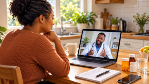 Person at a kitchen table using a laptop for a video visit with a doctor