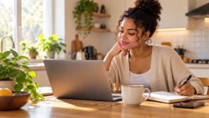 Person sitting at a kitchen table with a laptop and notebook, preparing for an online therapy session