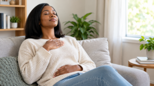 Woman sitting on a sofa with eyes closed, one hand on her chest and one on her stomach, practicing slow breathing