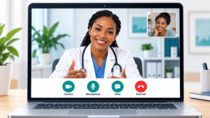 Telehealth video call screen showing camera, microphone, chat, and end call buttons