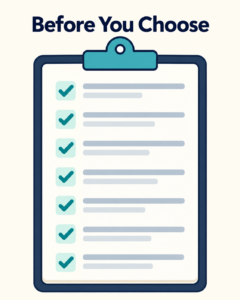 Checklist graphic titled "Before You Choose" with seven checked items