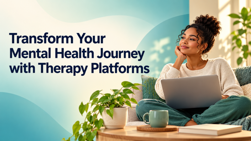 Woman relaxing on a sofa with a laptop beside the title "Transform Your Mental Health Journey with Therapy Platforms"