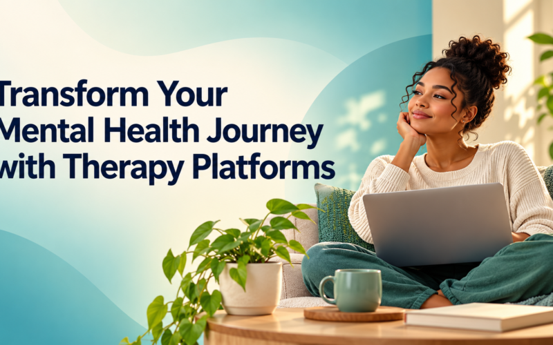 Woman relaxing on a sofa with a laptop beside the title "Transform Your Mental Health Journey with Therapy Platforms"