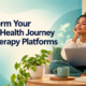 Woman relaxing on a sofa with a laptop beside the title "Transform Your Mental Health Journey with Therapy Platforms"