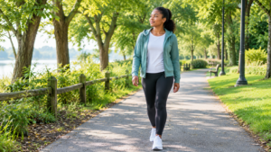 Woman walking along a tree-lined park path as part of a daily routine to help manage anxiety
