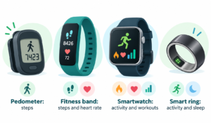 Wearable Health Devices: Illustration of a pedometer, fitness band, smartwatch and smart ring, labeled with what each device tracks