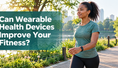 Woman walking outdoors in a park wearing a fitness band, with the title 'Can Wearable Health Devices Improve Your Fitness?