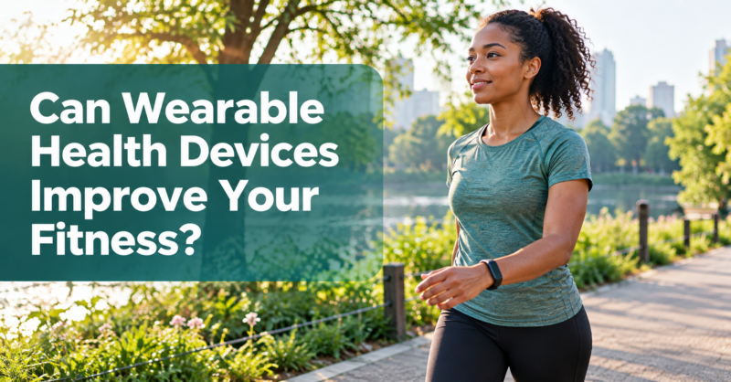Woman walking outdoors in a park wearing a fitness band, with the title 'Can Wearable Health Devices Improve Your Fitness?