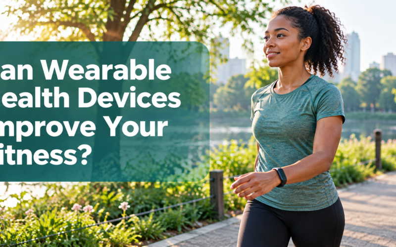 Woman walking outdoors in a park wearing a fitness band, with the title 'Can Wearable Health Devices Improve Your Fitness?